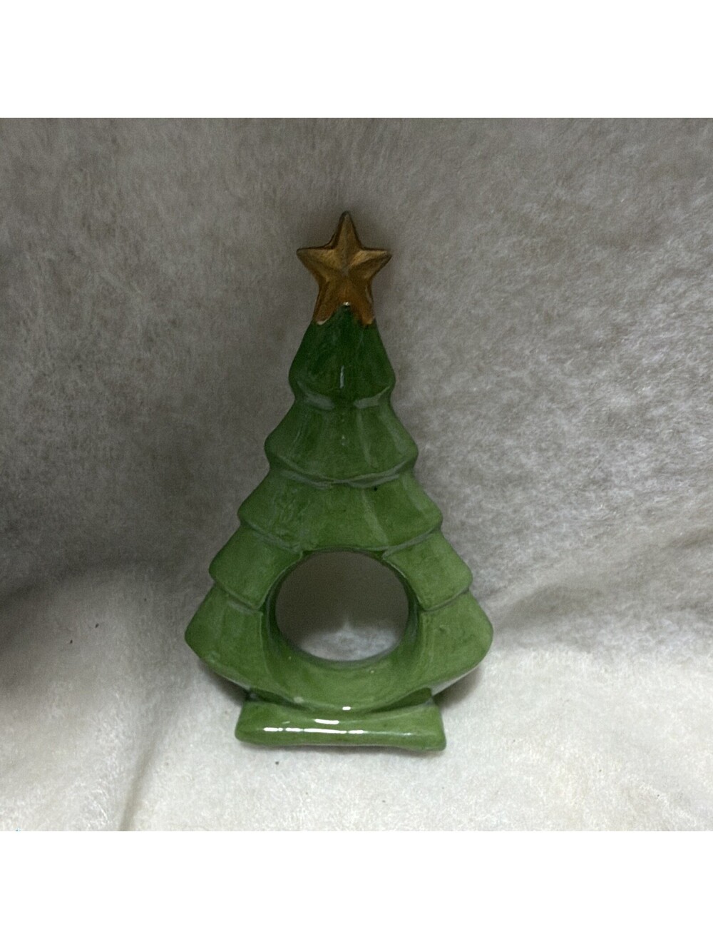 Glazed Ceramic Christmas Tree Napkin Ring Holder, Green & Gold Star, 1 Pack